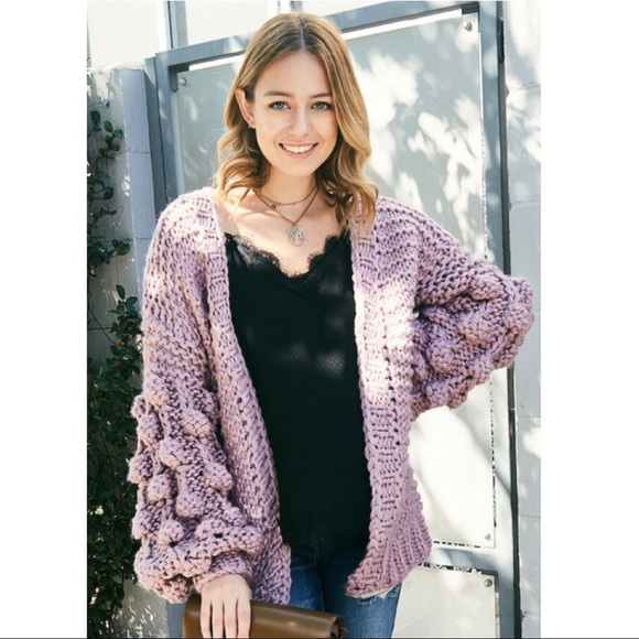 jardin Sweaters - Lilac knit pom pom bubble sleeve chunky cardigan